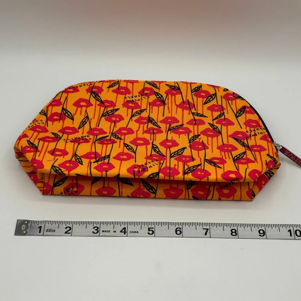 Clinique x Donald Robertson Makeup Bag Orange Pink Lips Leaf Cosmetic Pouch NWOT
